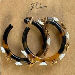 J. CREW Earrings Tortoise Hoop Floral White & Gold Statement Preppy